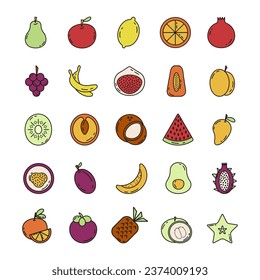Isolated Colored Fruit Outline Icons Set. Collection of Pictograms of various fruits. Nutrition and Healthy eating icon pack. Suitable for Web, apps, food Labels. Vector illustration.