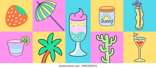 isolated colored glasses with cocktails and ice cream set icons on the theme of summer and vacation. design for logo sticker print poster