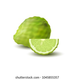 Isolated colored green whole and slice of juicy bergamot, kaffir lime with shadow on white background. Realistic wedge citrus fruit