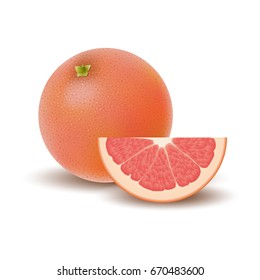 Isolated colored group of grapefruits, slice and whole juicy fruit with shadow on white background. Realistic citrus.