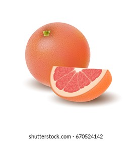 Isolated colored group of grapefruits, slice and whole juicy fruit with shadow on white background. Realistic citrus.