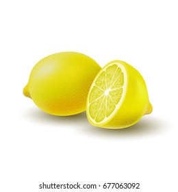 Isolated colored group of lemons, half and whole juicy fruit with shadow on white background. Realistic citrus.