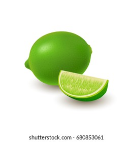 Isolated colored group of lime, slice and whole juicy fruit with shadow on white background. Realistic citrus.