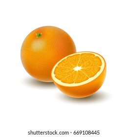 Isolated colored group of orange, half and whole juicy fruit with shadow on white background. Realistic citrus