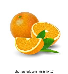 Isolated colored group of orange, slice, half and whole juicy fruit with green leaf and shadow on white background. Realistic citrus.