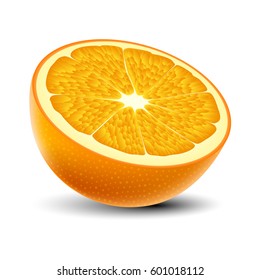 Isolated colored half of juicy orange with shadow on white background. Realistic.