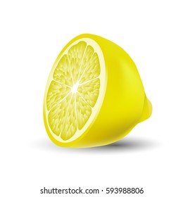 Isolated colored half of juicy yellow color lemon with shadow on white background. Realistic.