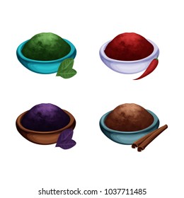 Isolated and colored herbs spices jars icon set in realistic style with different spices inside vector illustration