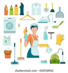 Isolated colored icons set with an employee in cleaning service and its tools and equipment vector illustration