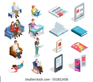 Isolated and colored isometirc reading icon set with people who read books magazines tablets in different places vector illustration