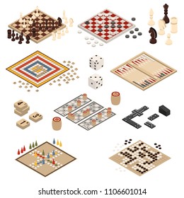 Isolated colored and isometric board games icon set backgammon mahjong chess checkers domino vector illustration