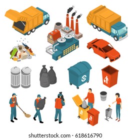 Isolated colored isometric garbage recycling icon set with garbage collectors and containers vector illustration