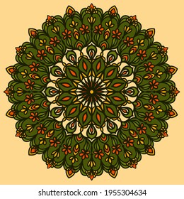 Isolated colored mandala with the main color green on a yellow background. Vector oriental ornament for placing on glass, fabric, leather, paper. Ethnic element in your design. 