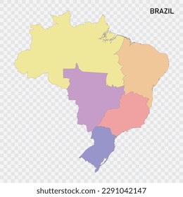 Isolated colored map of Brazil with borders of the regions