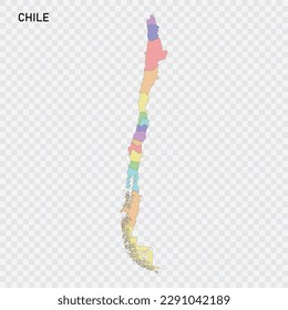 Mapa coloreado aislado de Chile con fronteras de las regiones