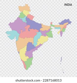 Isolated colored map of India with borders of the regions