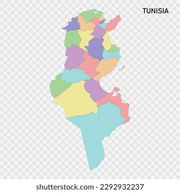 Isolated colored map of Tunisia with borders of the regions