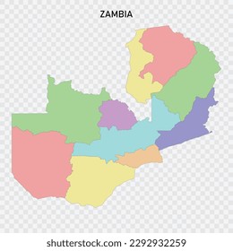 Mapa de Zambia de colores aislados con fronteras de las regiones