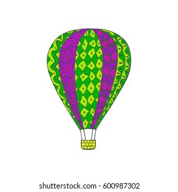 Isolated colored outline hand drawn green and purple balloon on white background. Ornament of curve lines.