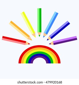 Isolated colored pencils over a rainbow in a flat style.