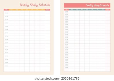 Modelo isolado de Agenda de Estudo Semanal pessoal colorida. Ilustração vetorial