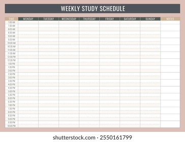 Modelo isolado de Agenda de Estudo Semanal pessoal colorida. Ilustração vetorial