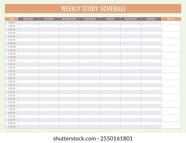 Modelo isolado de Agenda de Estudo Semanal pessoal colorida. Ilustração vetorial