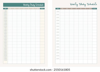 Modelo isolado de Agenda de Estudo Semanal pessoal colorida. Ilustração vetorial