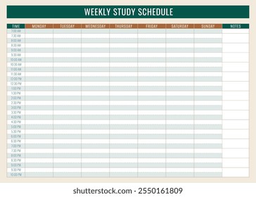 Modelo isolado de Agenda de Estudo Semanal pessoal colorida. Ilustração vetorial