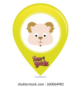 an isolated colored pin with text and an animal