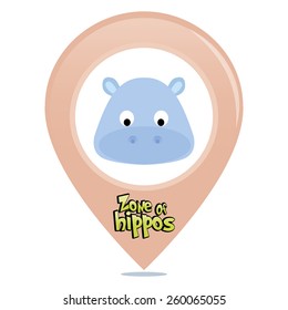 an isolated colored pin with text and an animal