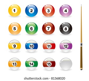 Isolated Colored Pool Balls & Pool cue