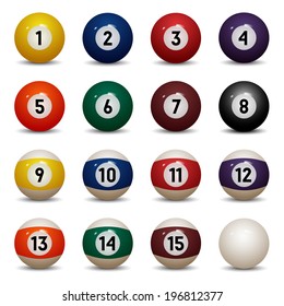 Isolated colored pool balls. Numbers 1 to 15 and zero ball. Vector Illustration