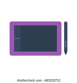 Isolated colored purple graphic tablet with stylus on white background. Flat design icon.