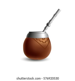 Isolated colored realistic brown calabash for yerba mate, paraguay tea and metal syphon stick bombilla with shadow on white background.