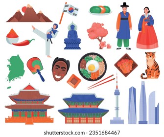 Isolated and colored south korea icon set with main sights mountains traditional dress vector illustration