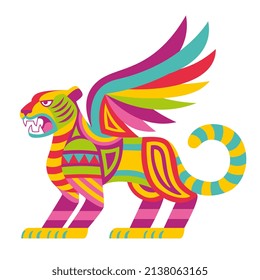 Isolated colored tiger with wings alebrije mexican traditional cartoon Vector illustration