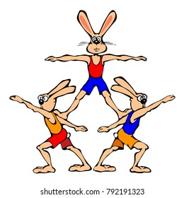 Isolated, colored vector illustration. Pyramid of hares. Sport. Investment pyramid. Humorous drawing.