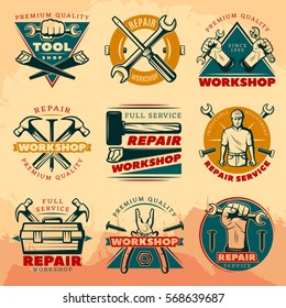 Isolated colored vintage repair workshop logo set with full service repair workshop premium quality tool shop descriptions vector illustration