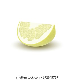 Isolated colored yellow slice of juicy pomelo with shadow on white background. Realistic wedge citrus fruit.