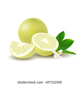 Isolated colored yellow whole, half and slice of juicy pomelo with green leaves, white flower and shadow on white background. Realistic wedge citrus fruit.