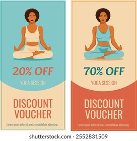 Isolated colored yoga session Discount Voucher template with woman in yoga pose. Voucher template