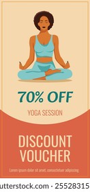 Isolated colored yoga session Discount Voucher template with woman in yoga pose. Voucher template