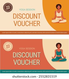 Isolated colored yoga session Discount Voucher template with woman in yoga pose. Voucher template