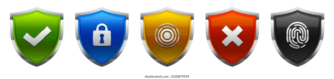Isolated colorful 3d shield with different icons, vector security shield