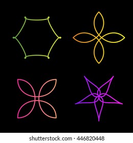 Isolated colorful abstract floral vector logo set. Unusual flower images collection. Simple flat plant outline. Decorative pattern on the black background.