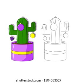 Isolated colorful cactus and outline cactus. Vector cartoon illustration. Christmas concept. Flat design.