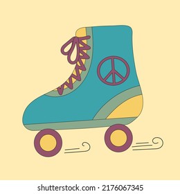 Isolated colorful cartoon roller skate with symbol peace on beige background in retro colors.