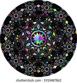 isolated colorful circular pattern of abstract shapes. symmetrical drawing. template, bright print. an element of an ornament.
