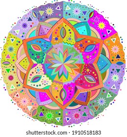 patrón circular aislado y colorido de formas abstractas. una flor fabulosa. dibujo simétrico. plantilla, impresión brillante. un elemento de un adorno.